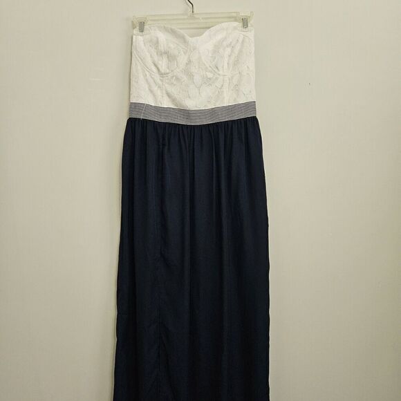 Gianni Bini Womens Medium Strapless Blue Maxi Dress With White Lace Bodice NWT - Picture 1 of 12